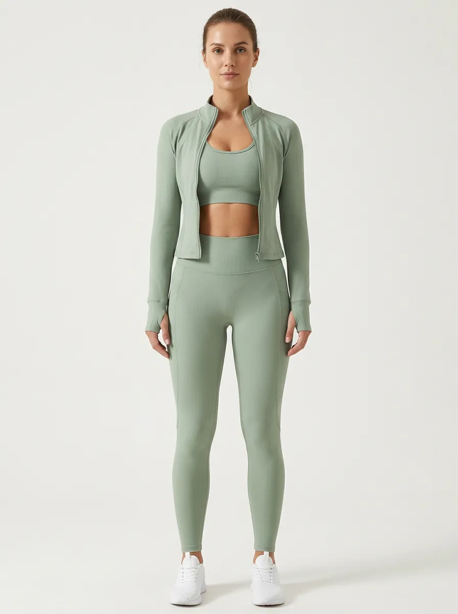 Utility Ribbed Texture Seamless Design Casual Look Women's Three Piece Activewear Set
