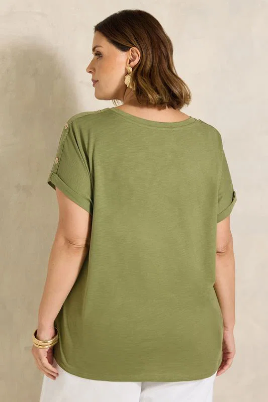 Khaki Green Button Shoulder T-Shirt detail 2