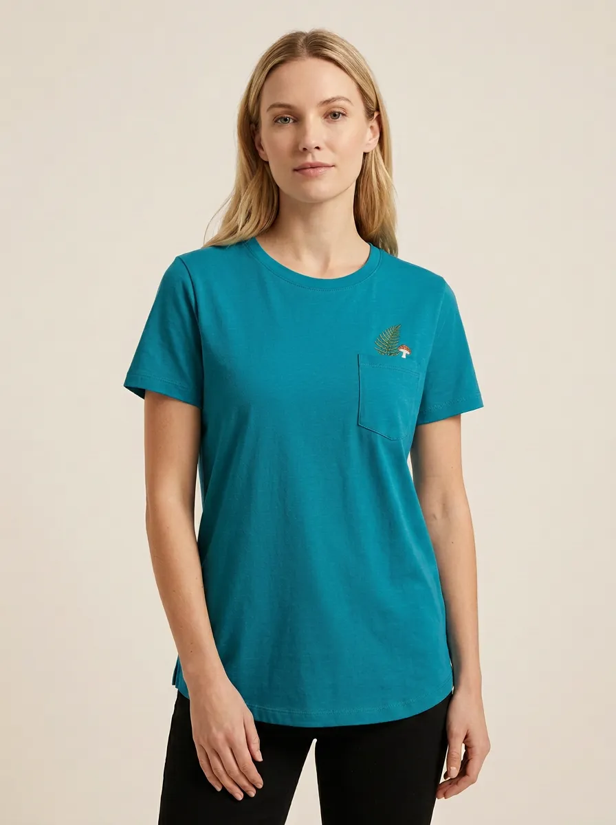 Women's Fern & Mushroom Relaxed Embroidered Pocket Crewneck T-Shirt
