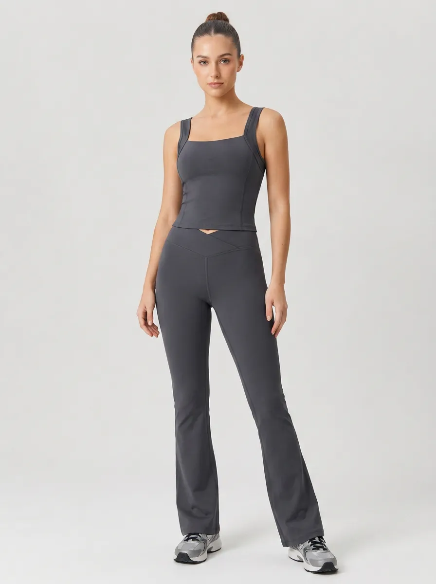 Women's Yoga Fitness Charcoal V-Waist Flare Leggings Tank Set