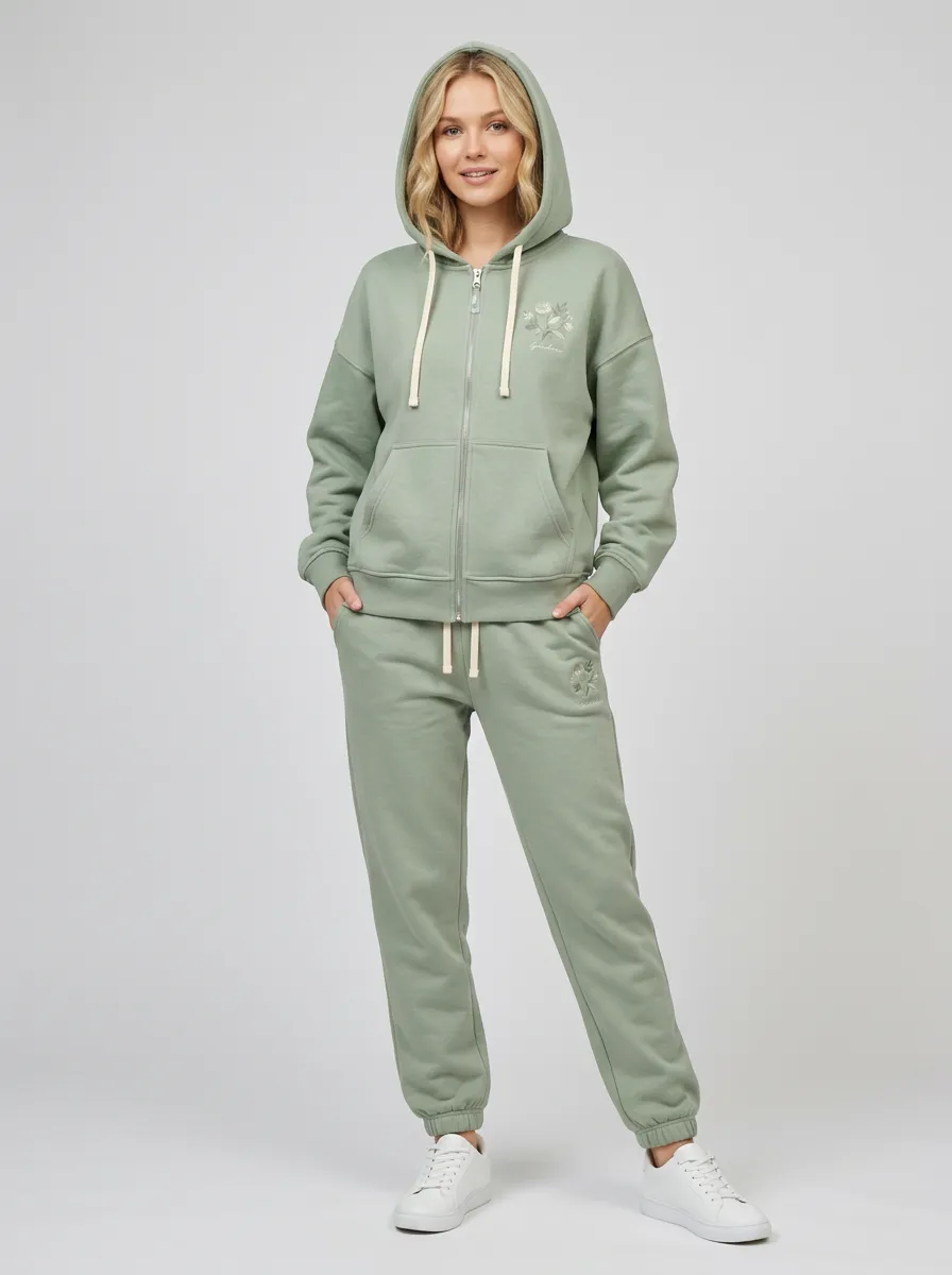 Women's Sage Green Floral Embroidered Relaxed Fit Zip-Up Hoodie Jacket & Jogger Set