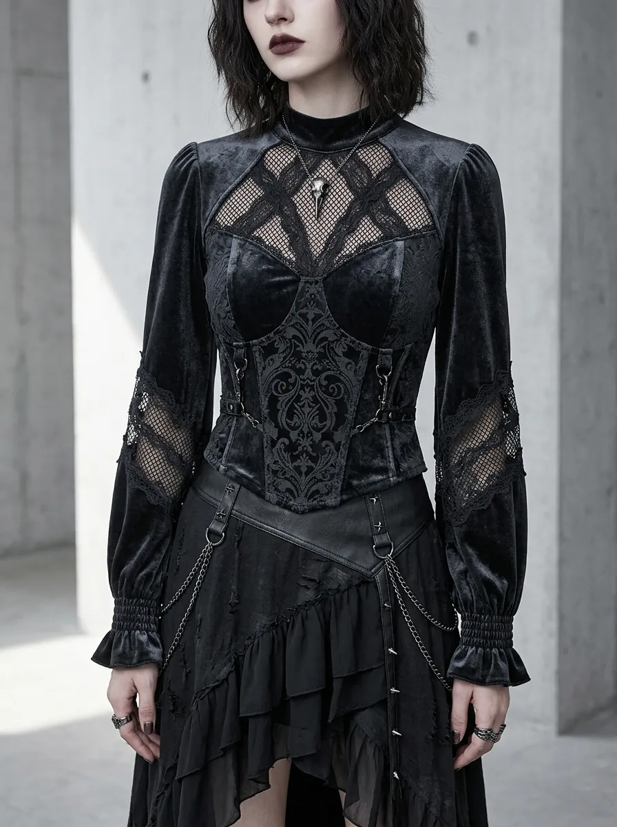 Women's Gothic Victorian Velvet Lace Mesh Long Sleeve Top