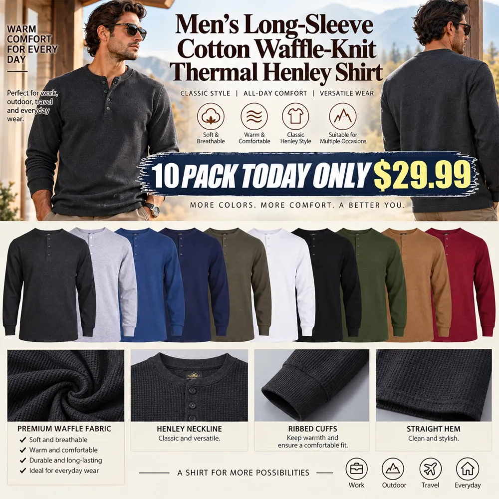 Men's Long-Sleeve Cotton Waffle-Knit Thermal Henley Shirt