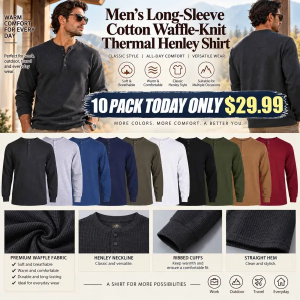 Men's Long-Sleeve Cotton Waffle-Knit Thermal Henley Shirt
