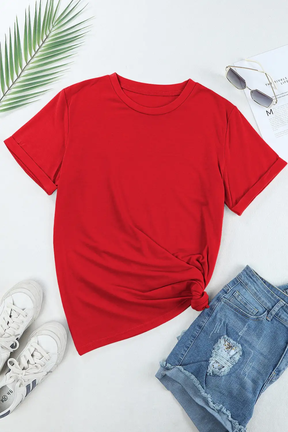 Red Casual Plain Crew Neck