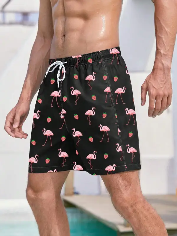 Men's Boho Flamingo Drawstring Allover Print Beach Shorts