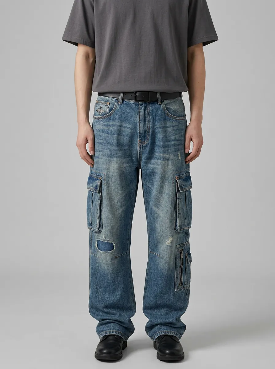 Men's Forge Vintage Distressed Denim Multi-Pocket Cargo Jeans