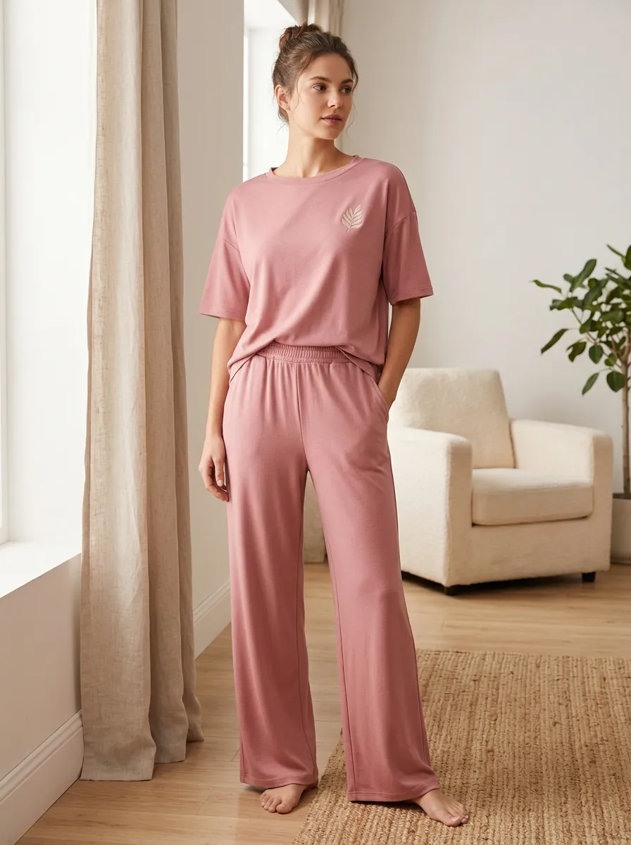 Everyday Wide Leg Leaf Graphic Casual Look Women's T-Shirt and Wide Leg Lounge Set