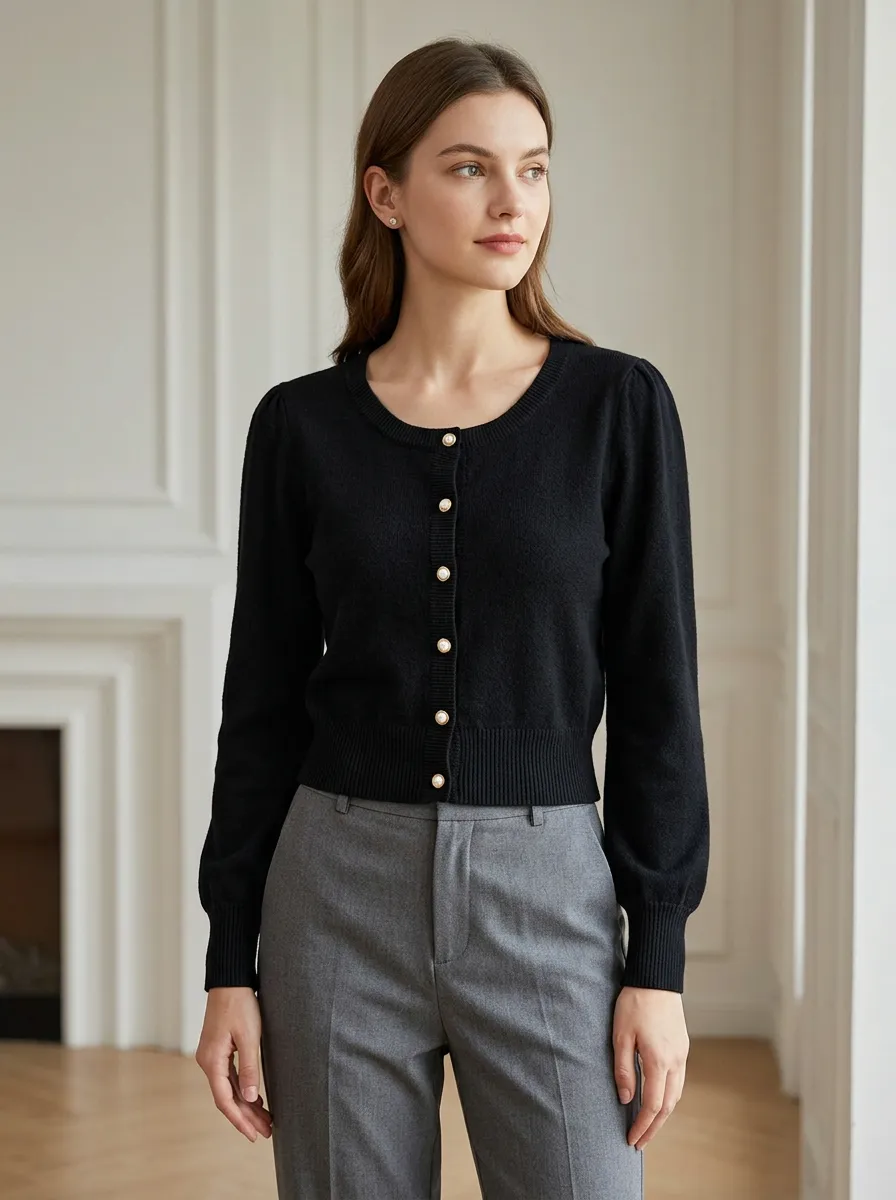Women's Pearl-Button Crewneck Cardigan Crewneck