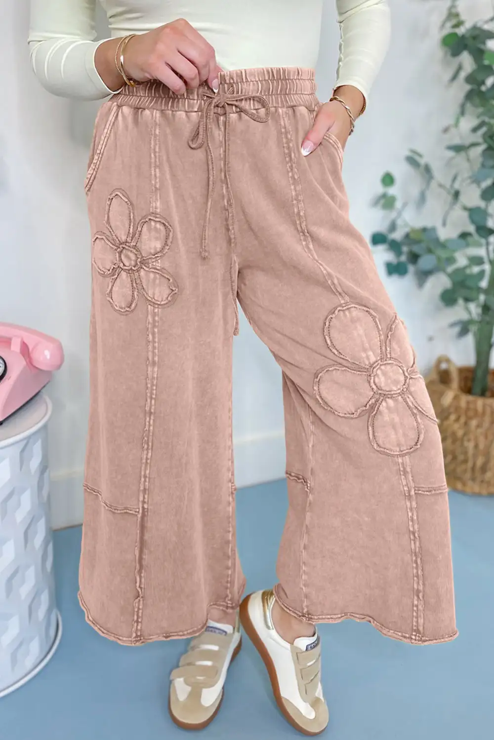 Flower Patch Washed Terry Knit Cropped Wide Leg Trousers