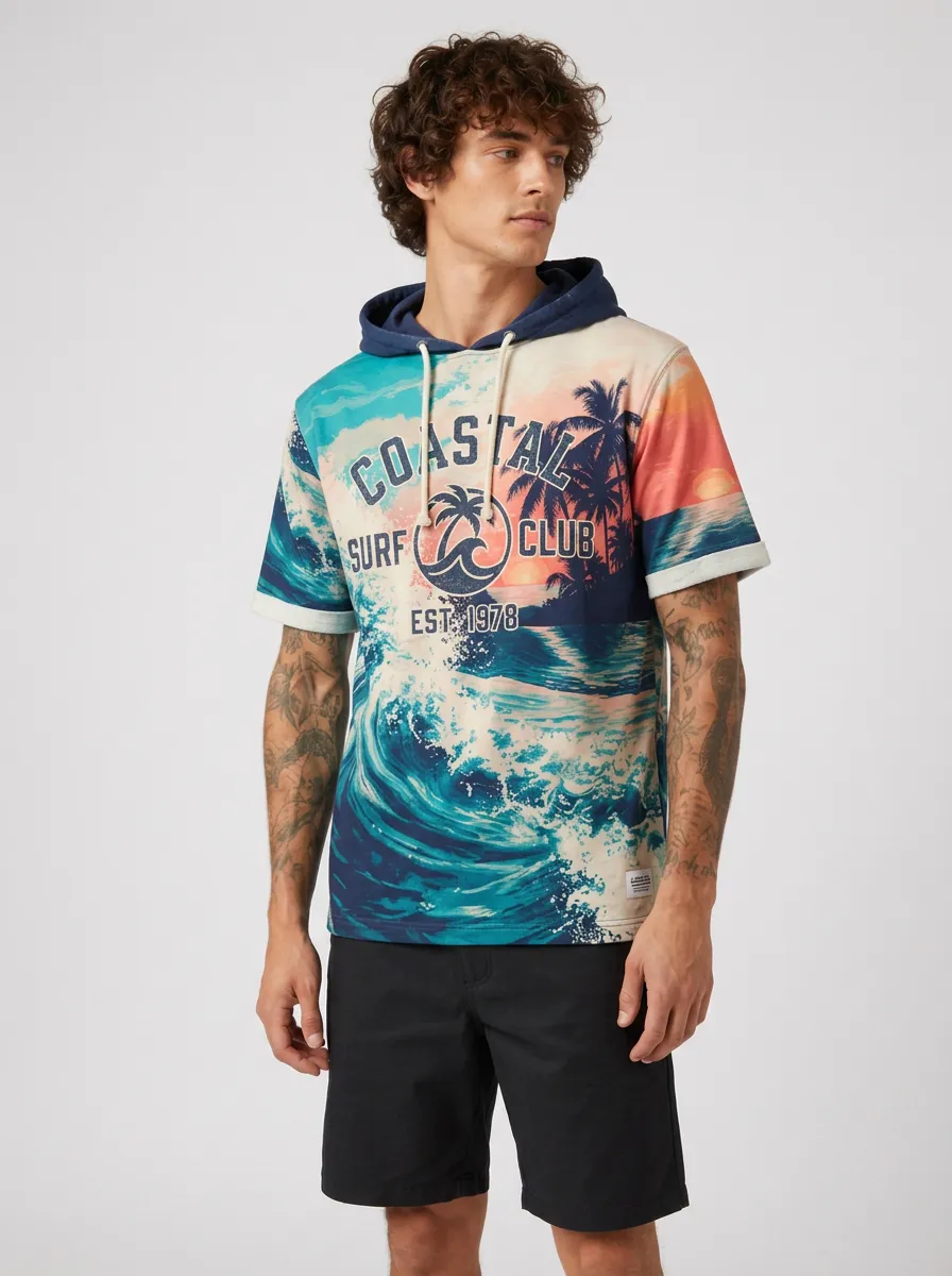 Men's Coastal Surf Club Ocean Wave Palm Tree Printed Hoodie T-shirt