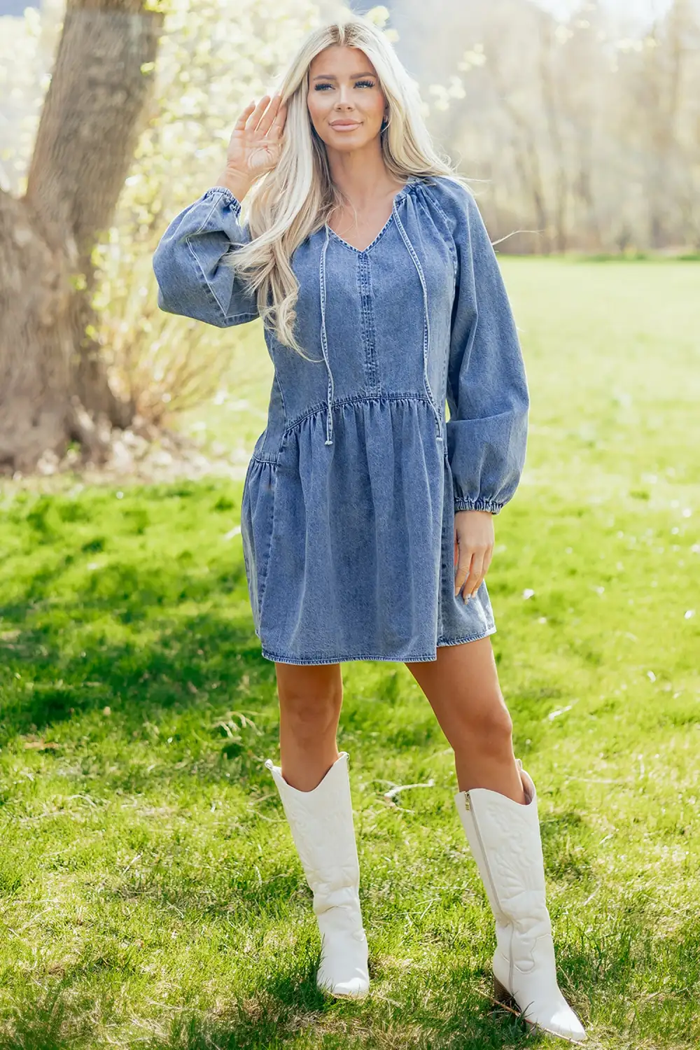 Denim V Neck Ruffle Mini Dress