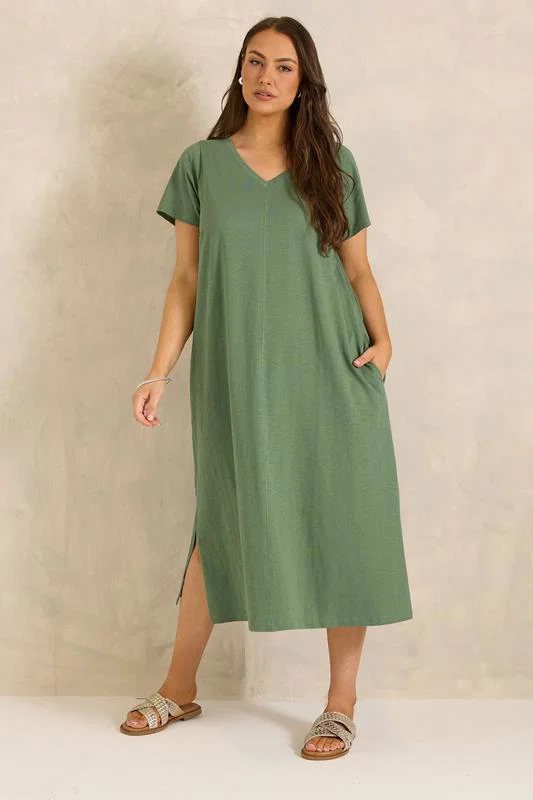 ESSENTIAL Curve 2 Pack Black & Khaki Green Cotton Dresses detail 3
