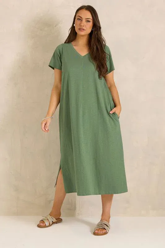 ESSENTIAL Curve 2 Pack Black & Khaki Green Cotton Dresses