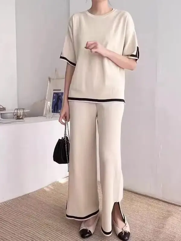 Loose and Versatile Crew Neck Top and Trousers Two-piece Set