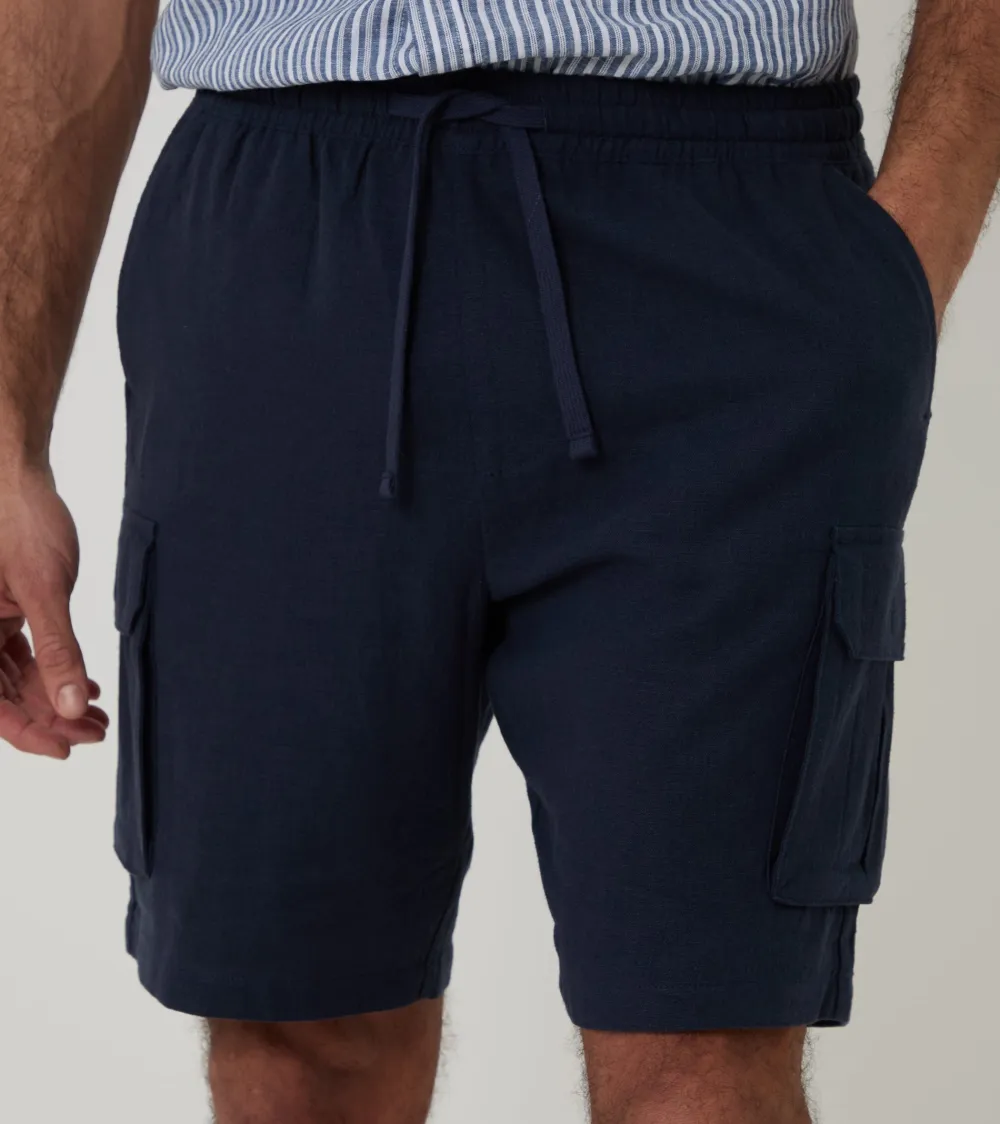 Navy Linen-Blend Cargo Shorts
