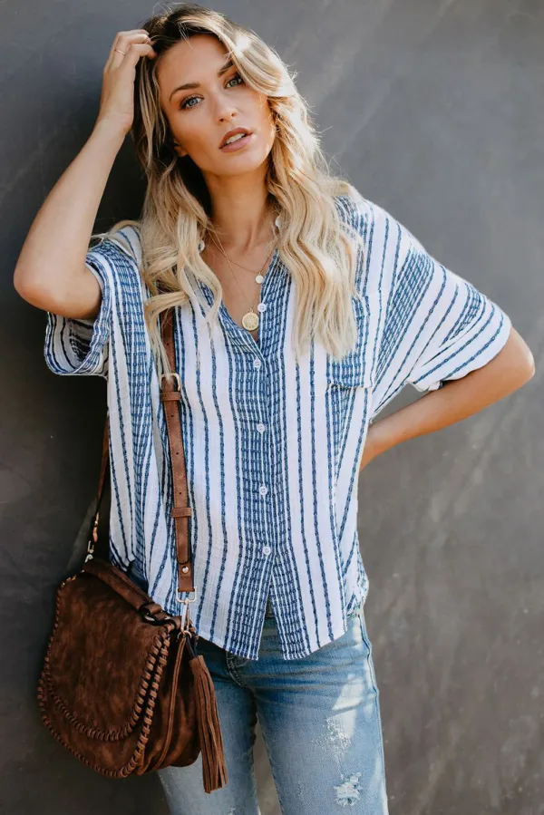 V Neck Stripes Roll Up Shirt