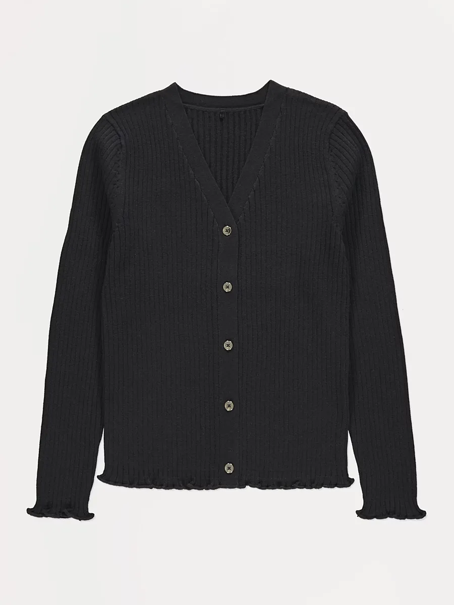 Black V Neck Lettuce Edge Ribbed Cardigan