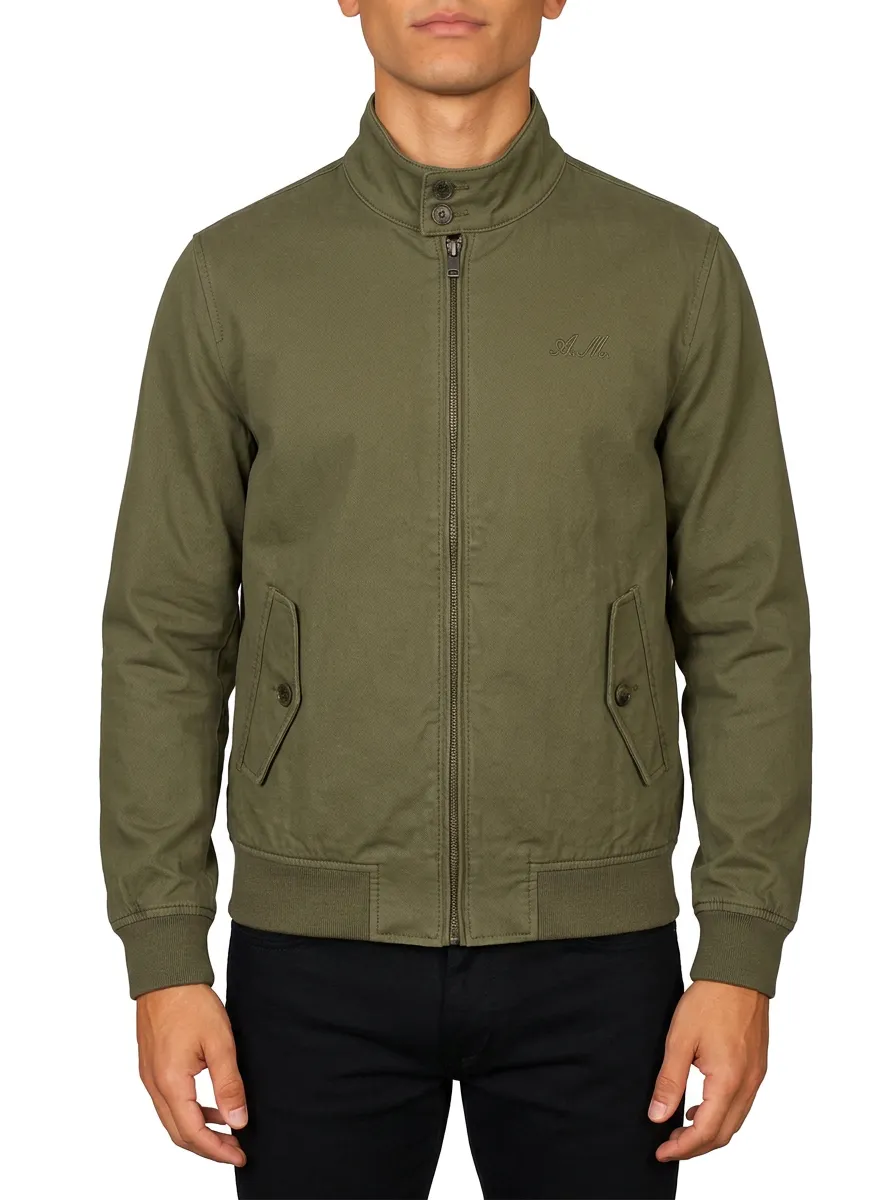Men's Military Style Olive Green Embroidered Logo Zip-Up Jacket
