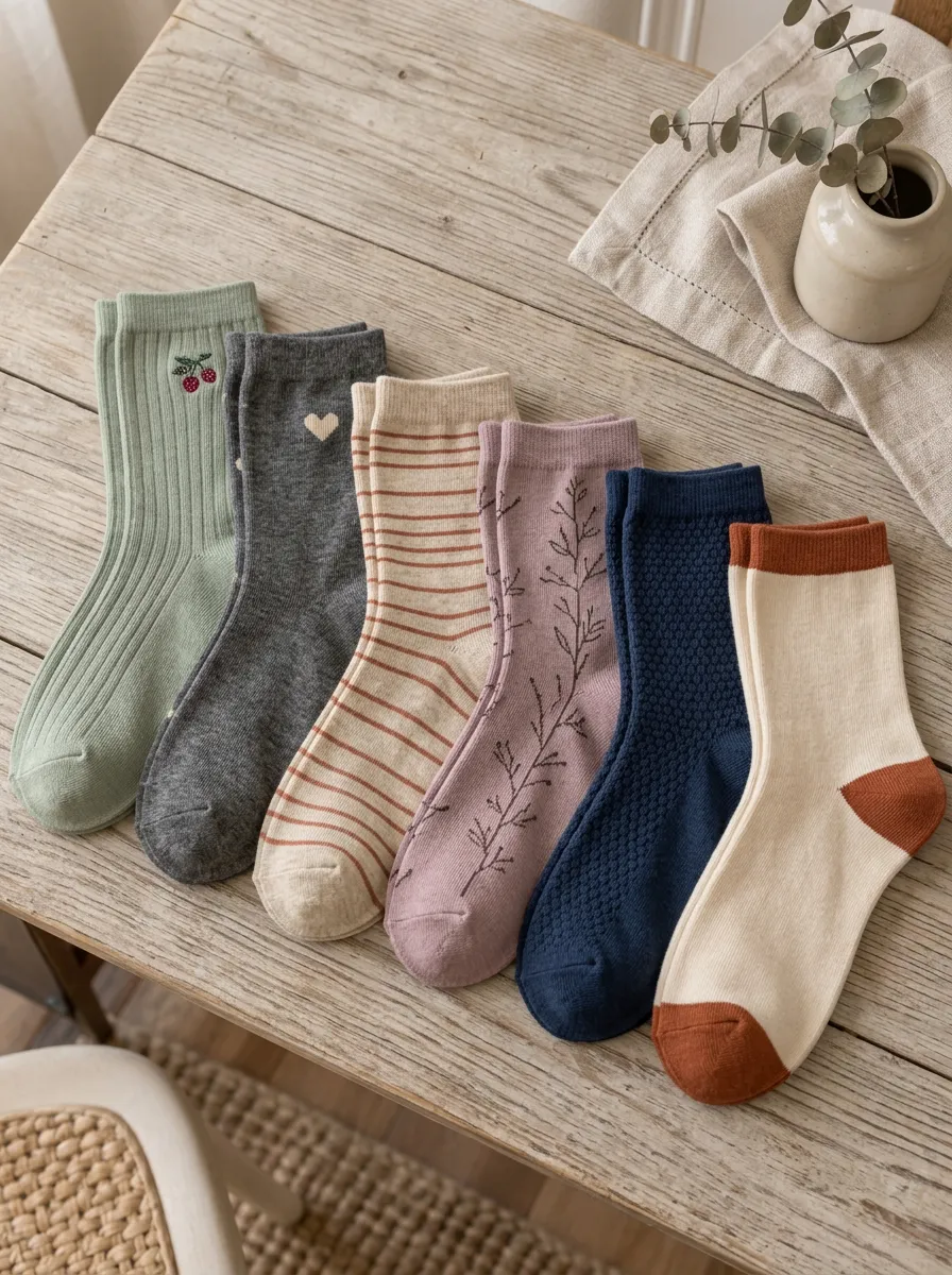 Women's Aesthetic Floral Cherry Heart Striped Printed Socks Set