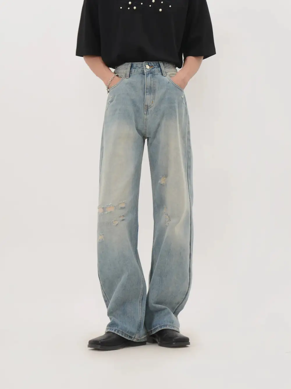 Distressed Straight-Leg Light-Wash Jeans