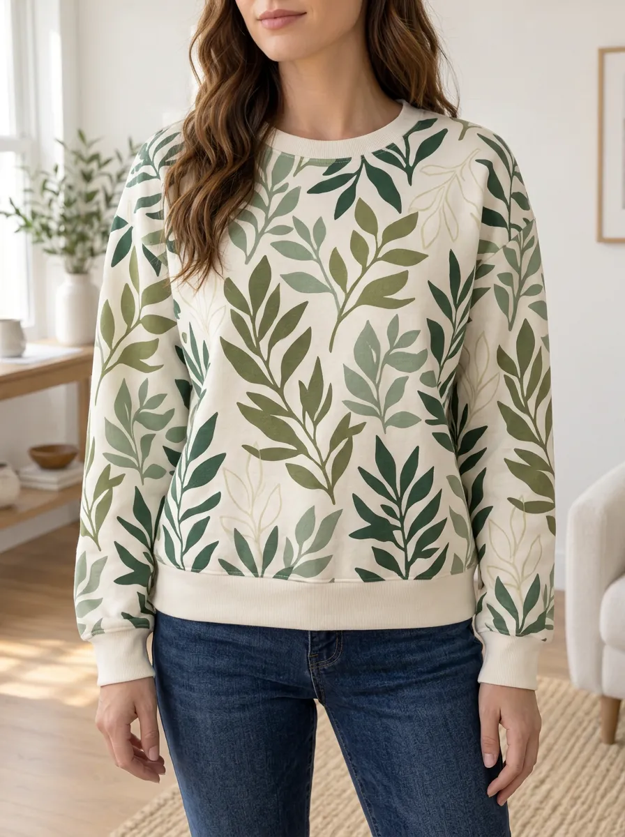 Women's Leaf Print Crewneck Sweatshirt Graphic Print