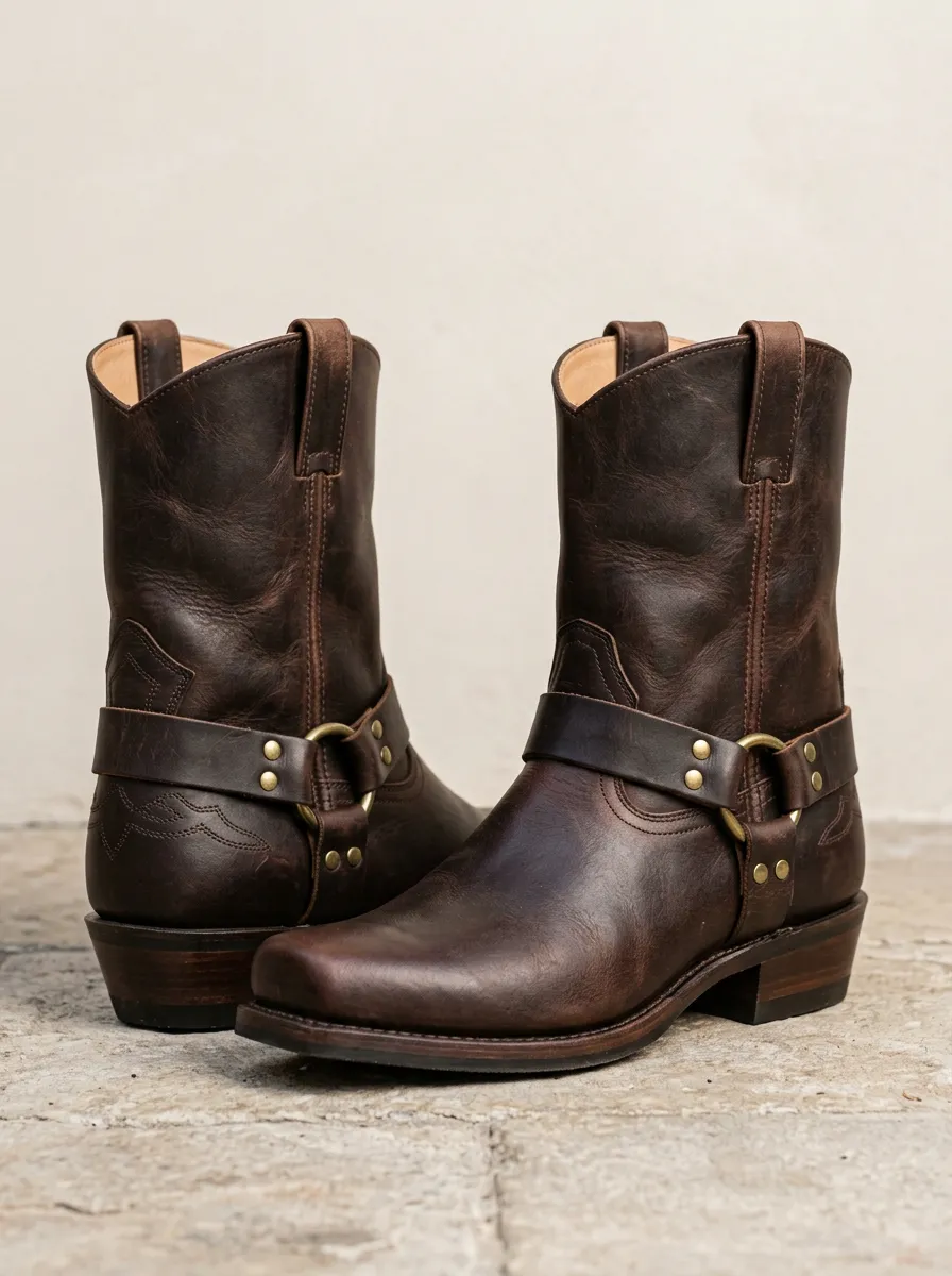 Men's Trail Western Brown Leather Harness Printed Boots