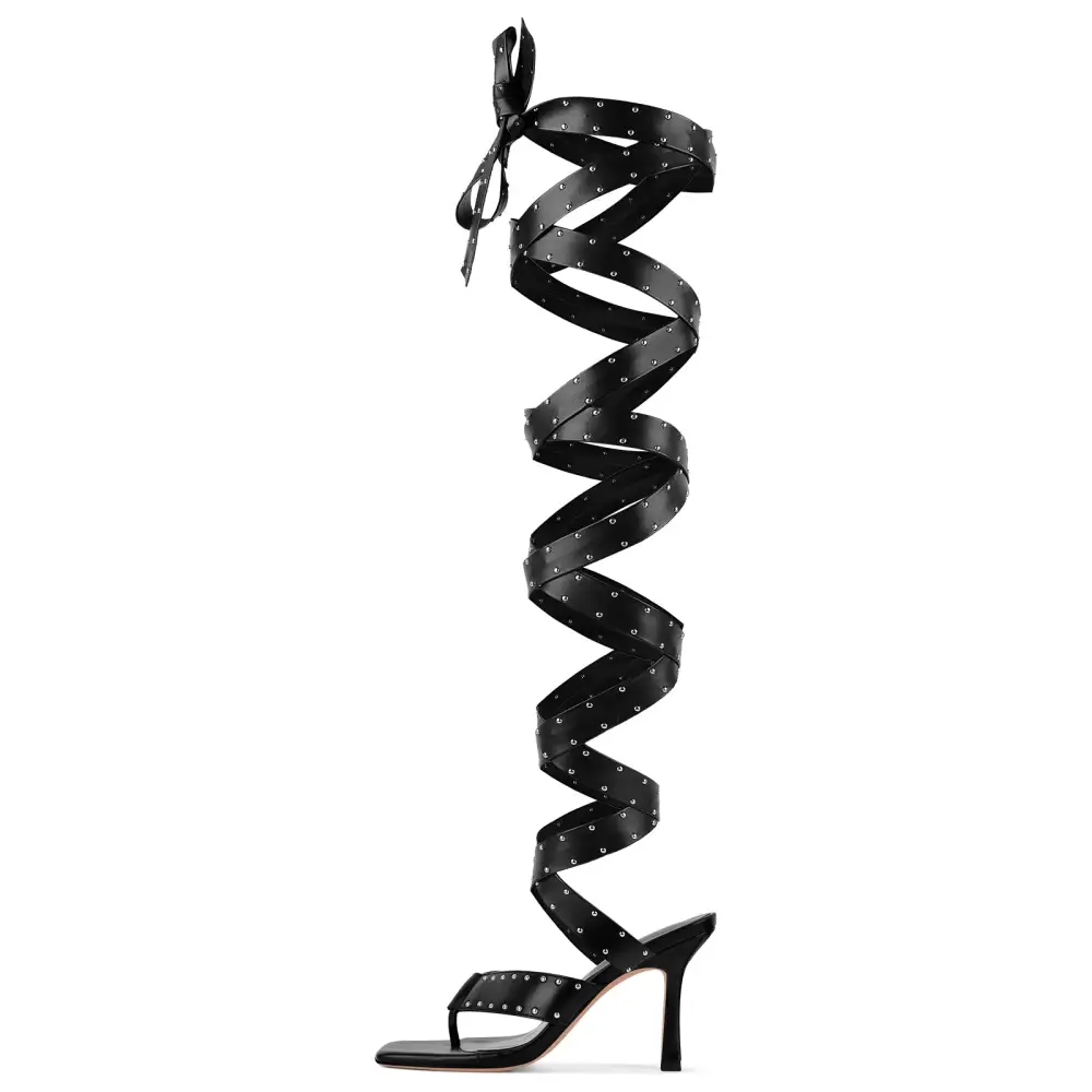 Square Toe Thong Rivet Strappy Lace Up Sandals