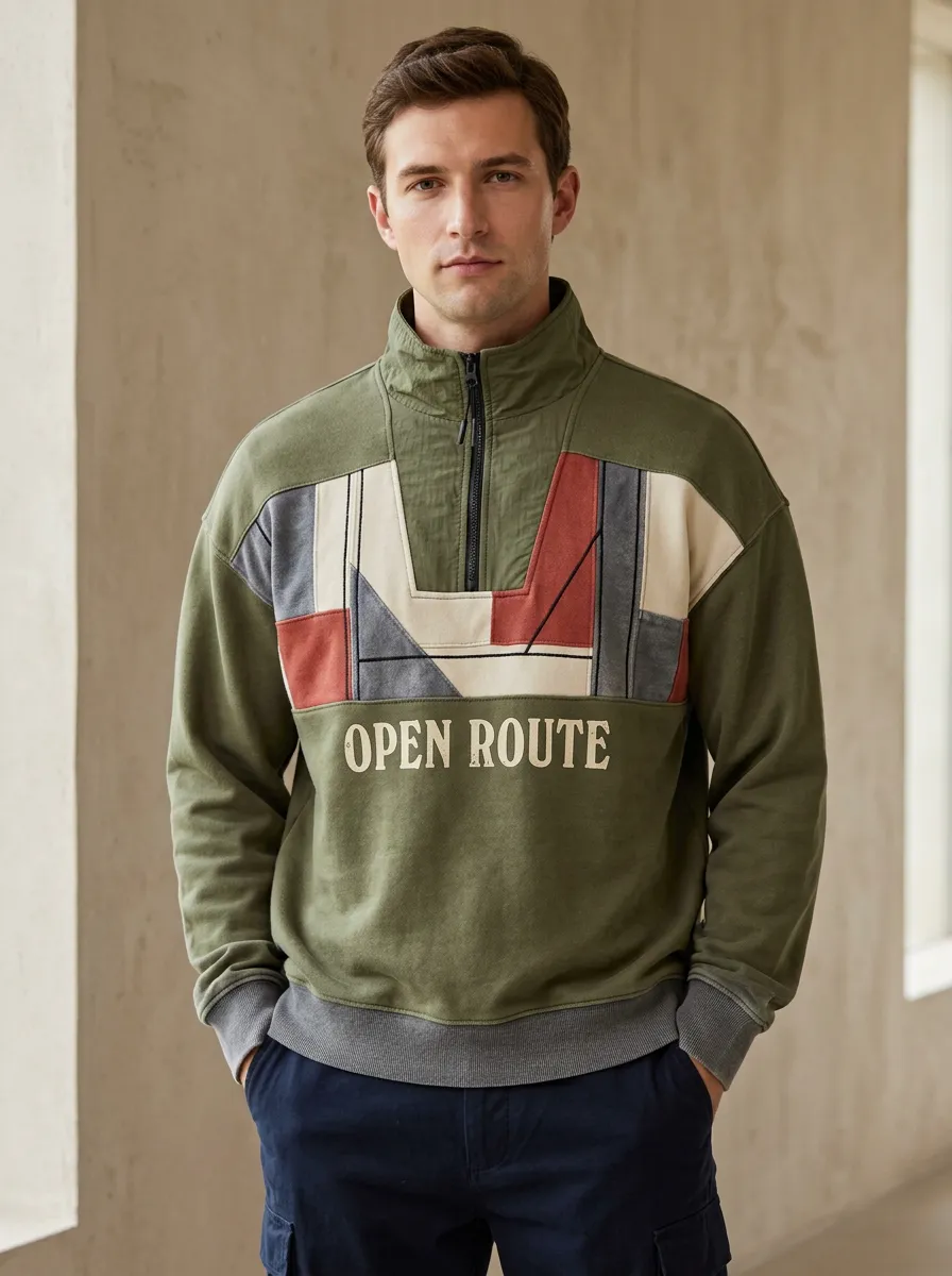 Casual Half-Zip Geometric Patchwork Men's Half-Zip Sweatshirt