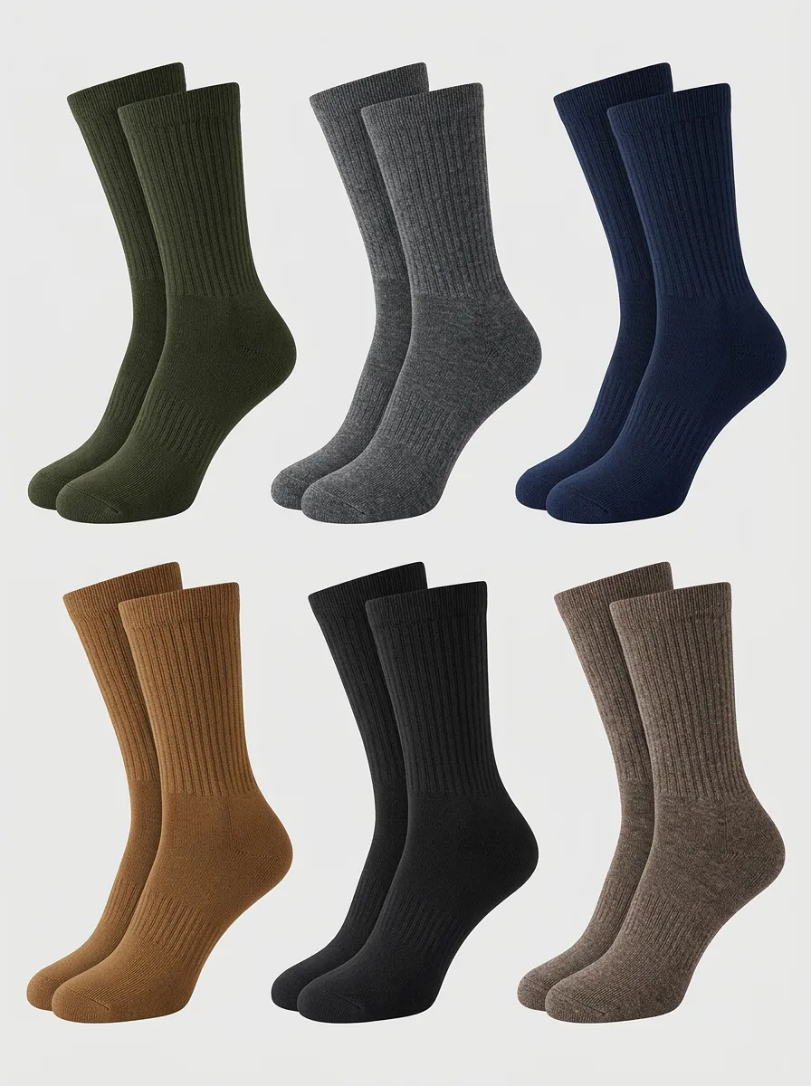 Men's Multi-color Solid Ribbed Cotton Crew Socks 6-Pack