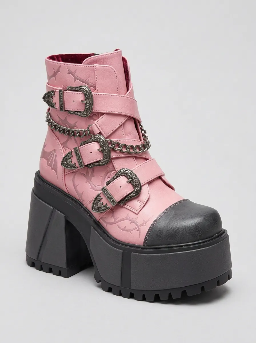 Nightfall Bat Chain Buckle Street Look Women's Gothic Platform Boots