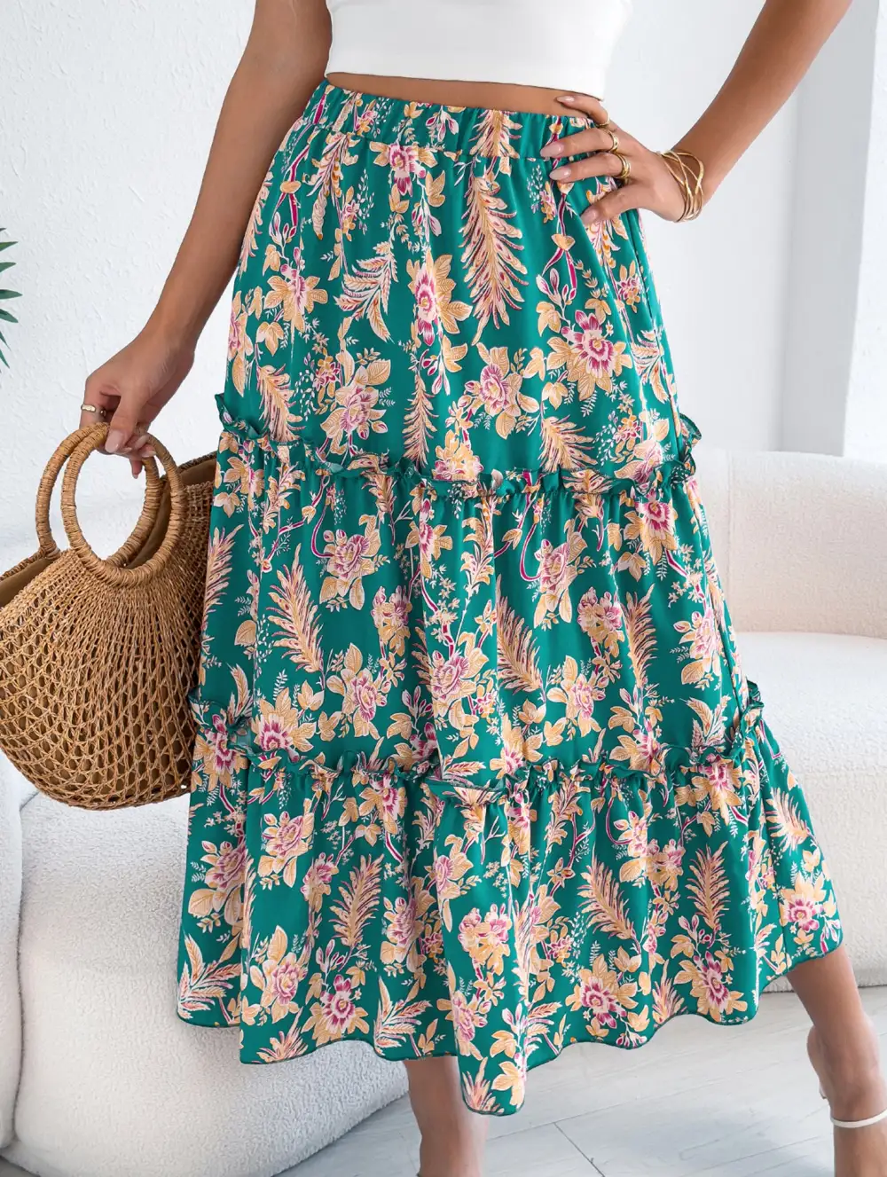 Floral Ruffle Midi Skirt