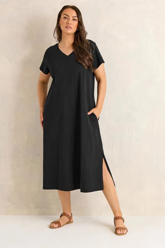 ESSENTIAL Curve 2 Pack Black & Berry Red Cotton Midi Dress detail 3