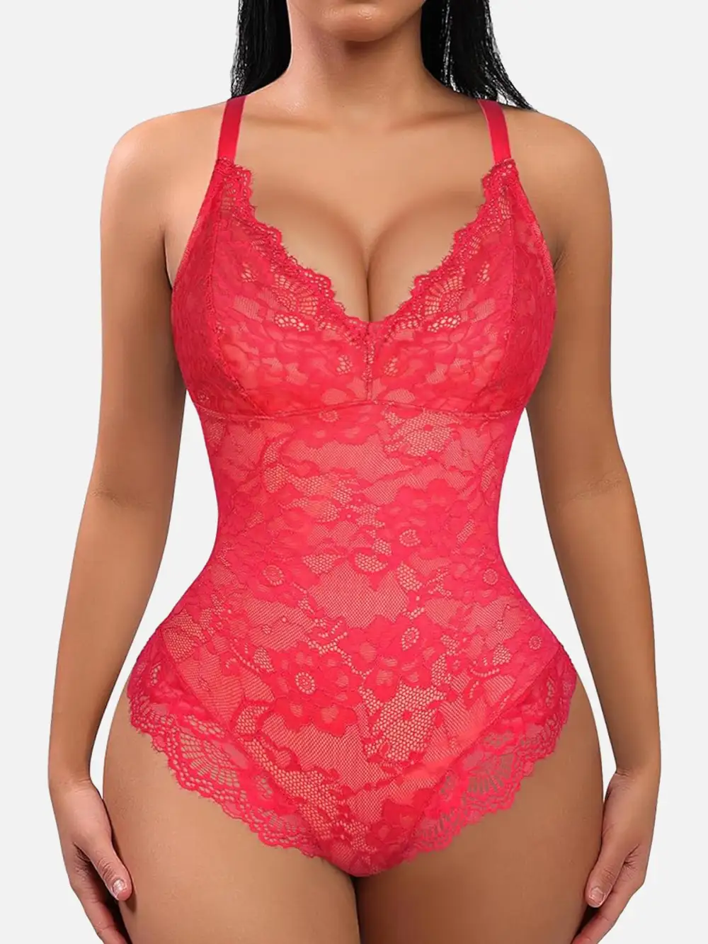 V Neck Lace Trim Shaping Bodysuit