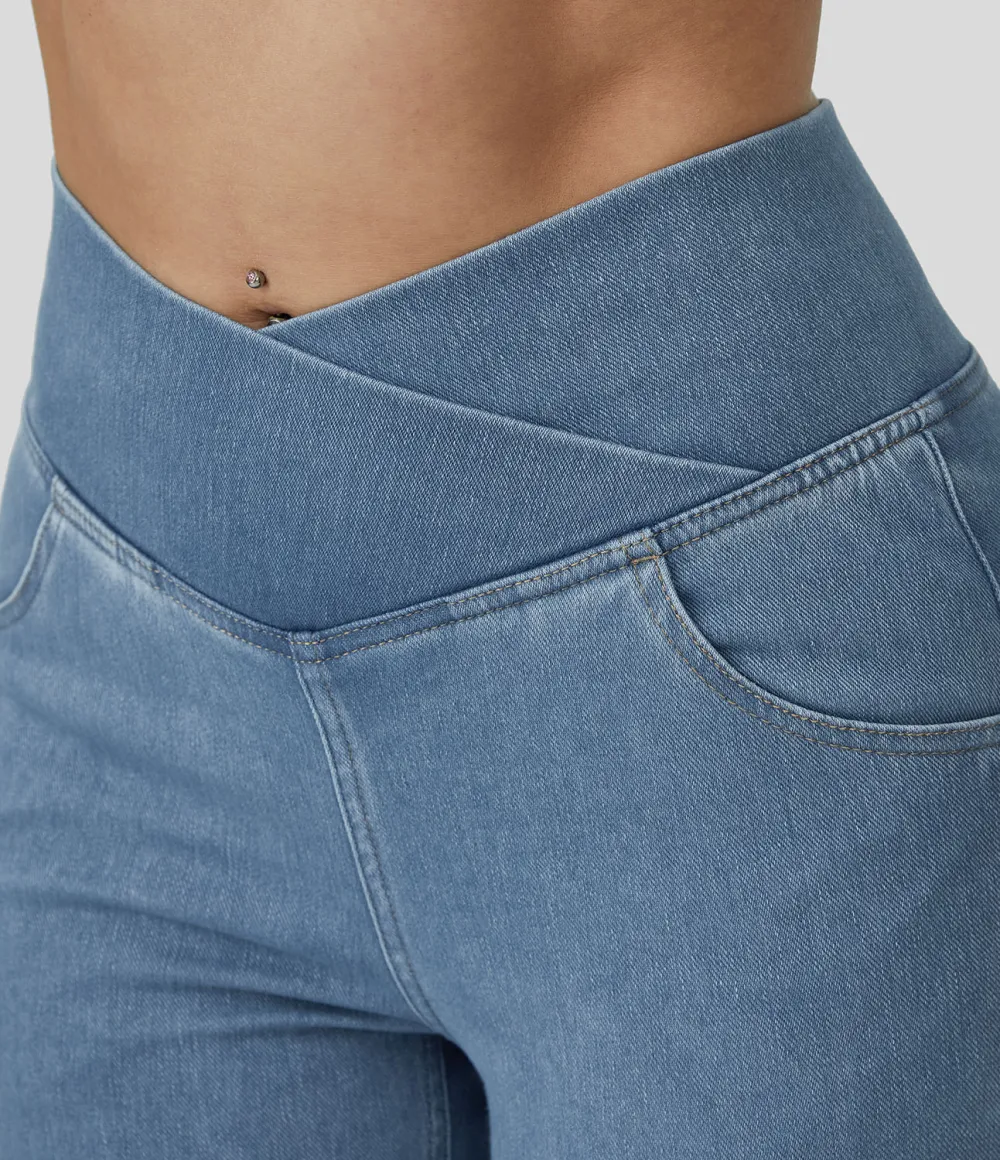 Magic High Waisted Crossover Pocket Washed Stretchy Knit Casual Super Flare Jeans