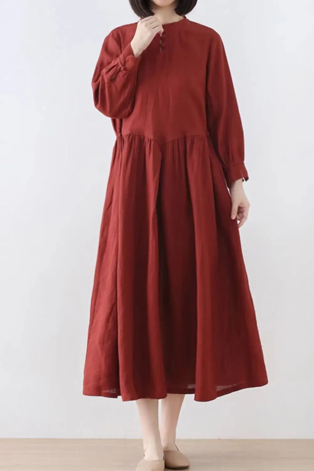 Classic Linen Long Sleeve Midi Dress