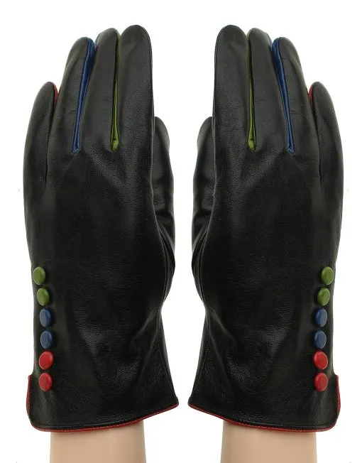 Three Tone Button Leather Gloves