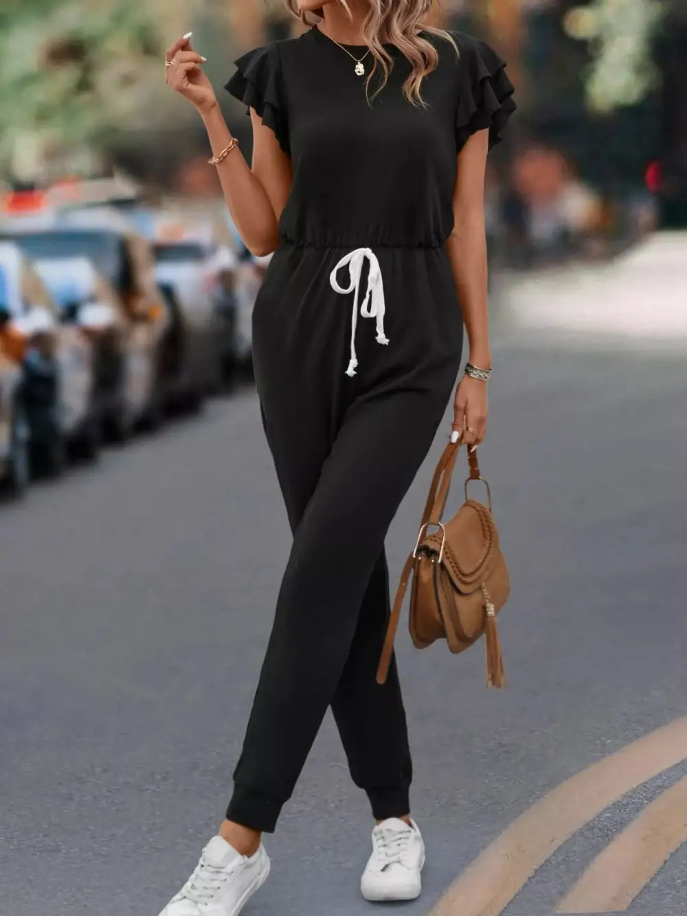 Ruffle Sleeve Drawstring Waist Casual Jumpsuit