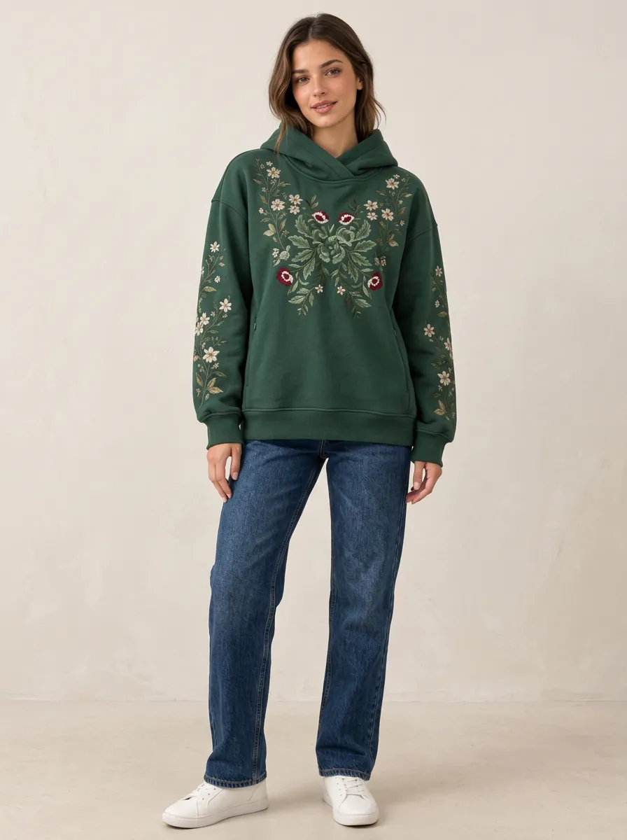 Easy Comfort Women's Botanical Floral Embroidered Graphic Hoodie