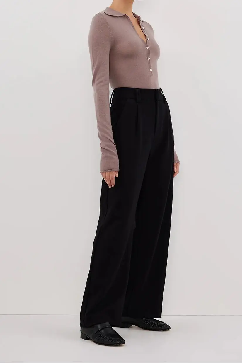 TAUPE MERINO POLO KNIT TOP