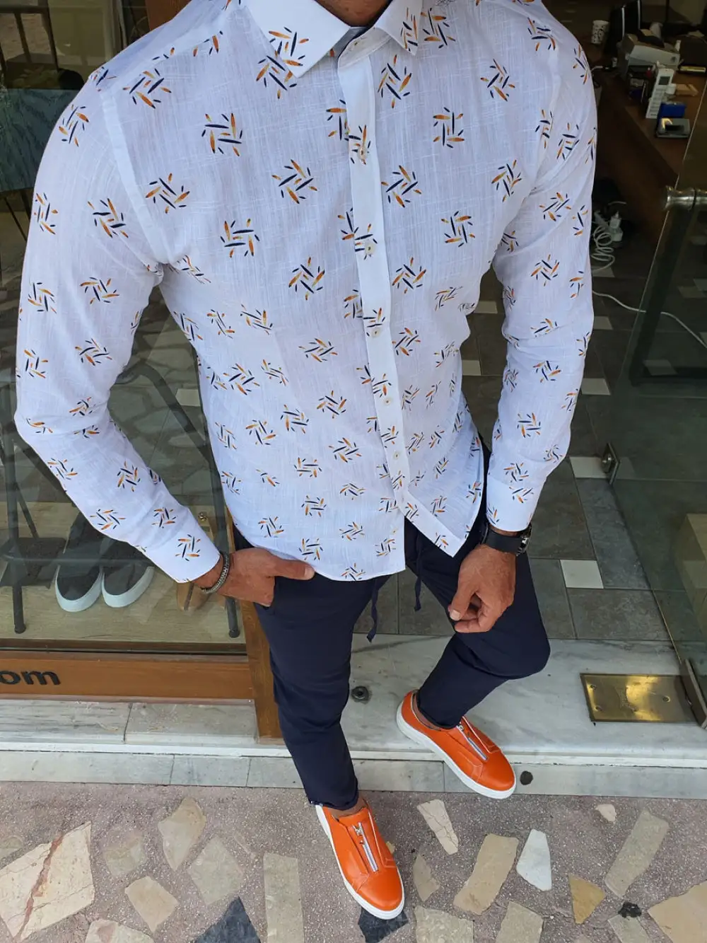 Patterned Slim Fit Linen Casual Shirt