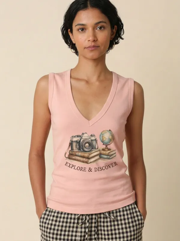 Women's Travel Explore Discover Camera Globe Graphic Tank Top