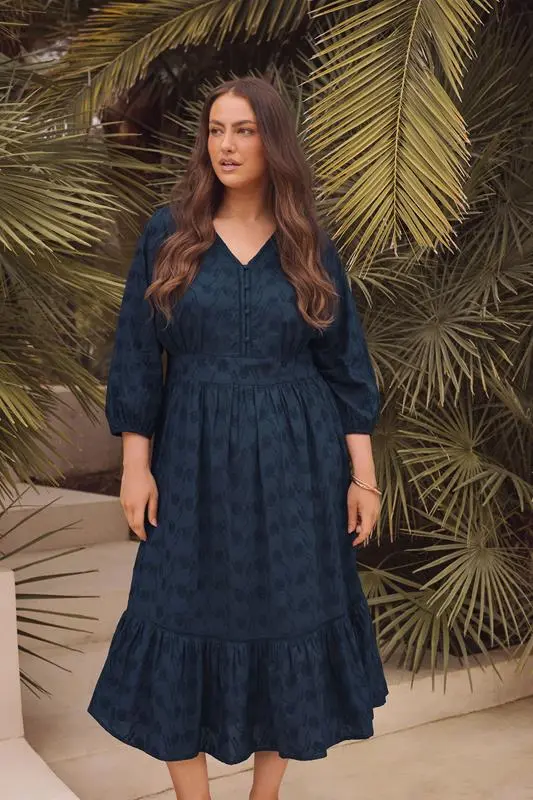 Navy Blue Embroidered Tiered Midi Dress