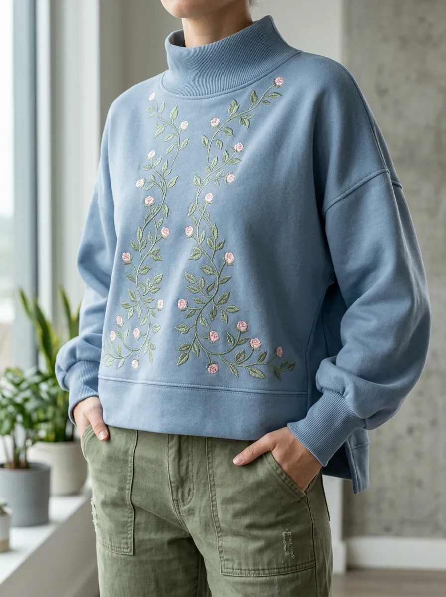 Women's Sweatshirt with High Neck Short Sleeve Detail