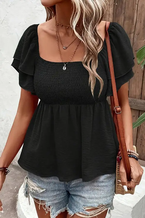 Color Smocked Layered Sleeves Casual Top