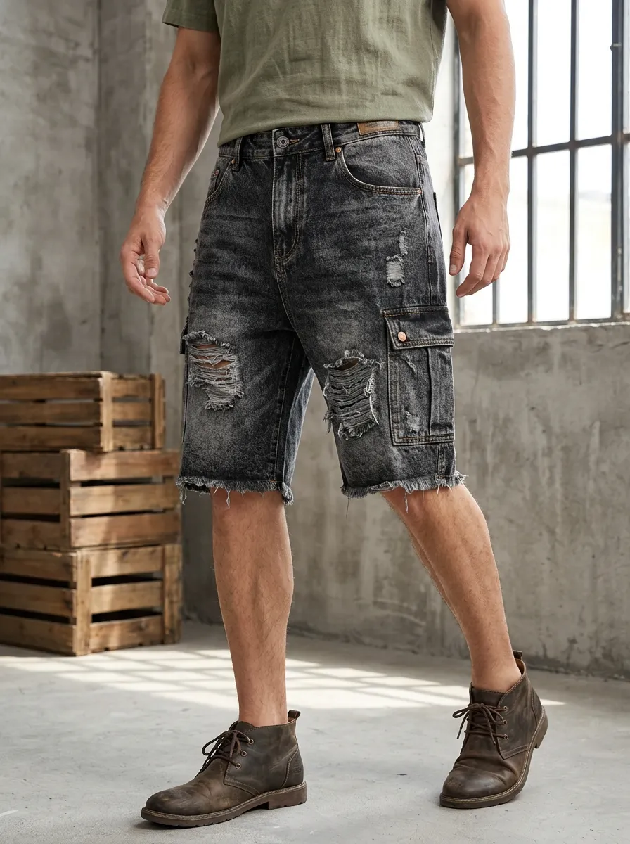 Men's Cargo Denim Shorts Featuring Five Pocket and Denim Styling