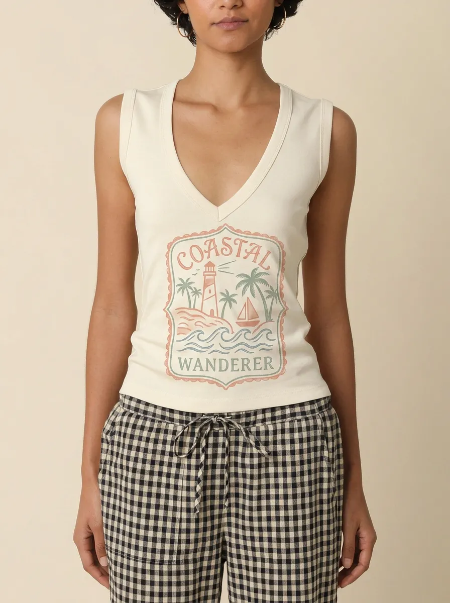 Women's Coastal Wanderer Lighthouse Palm Tree Printed Tank Top