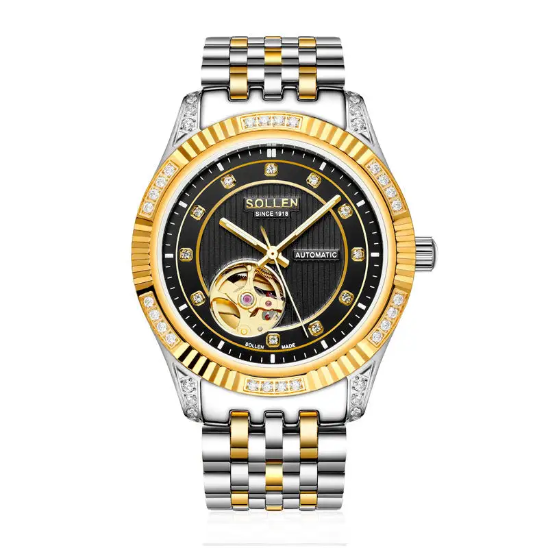 Sollen 9006 Automatic Watch - Men's Open-Heart Vertical Textured Crystal Bezel 7-Bead Stainless Steel Bracelet Wristwatch