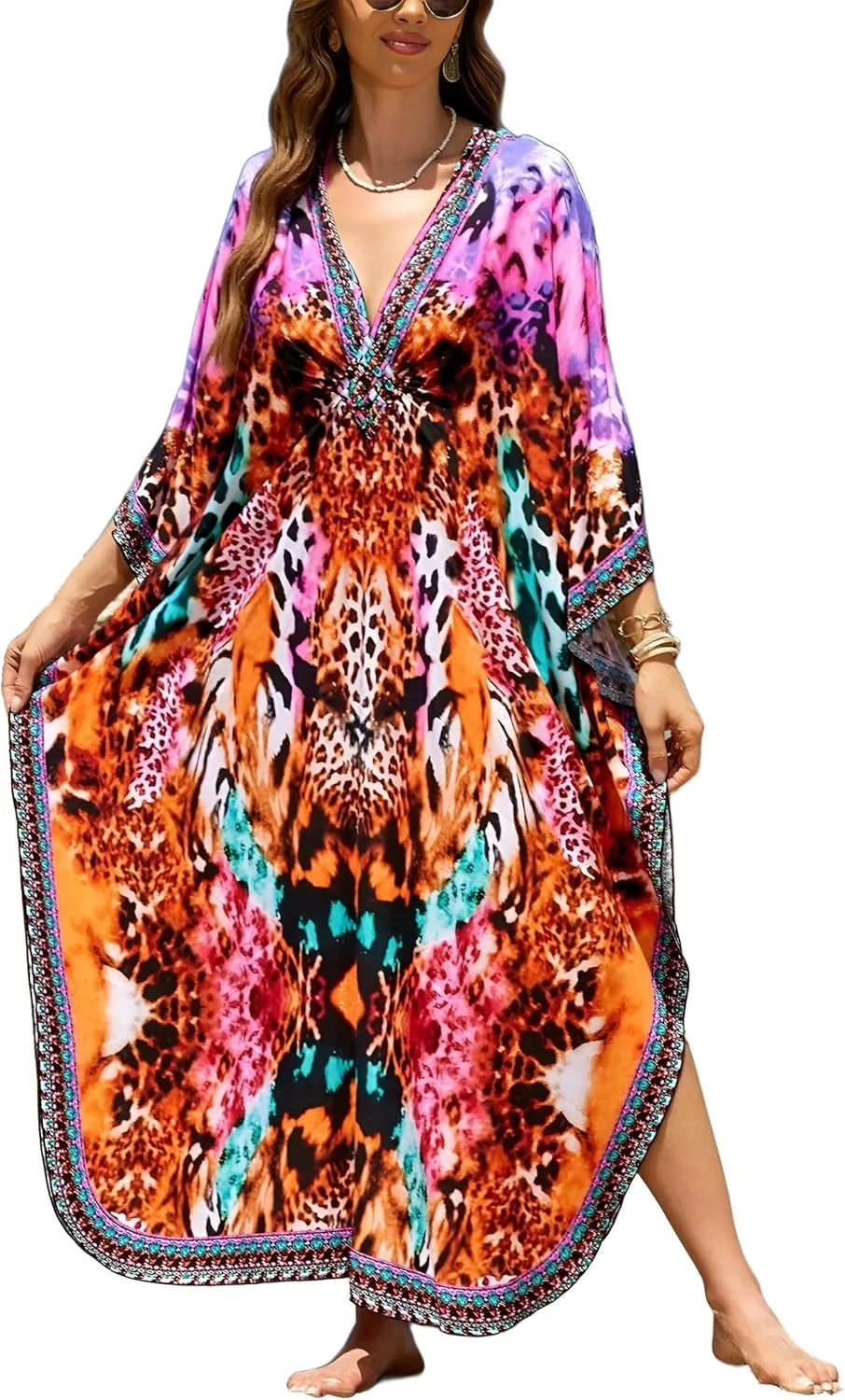 IMAGEKOPE Kaftan Dresses for Women Plus Size V-Neck Moo Moos Batwing Kaftan Beach Dress Bathing Suit Cover-Up Loungewear
