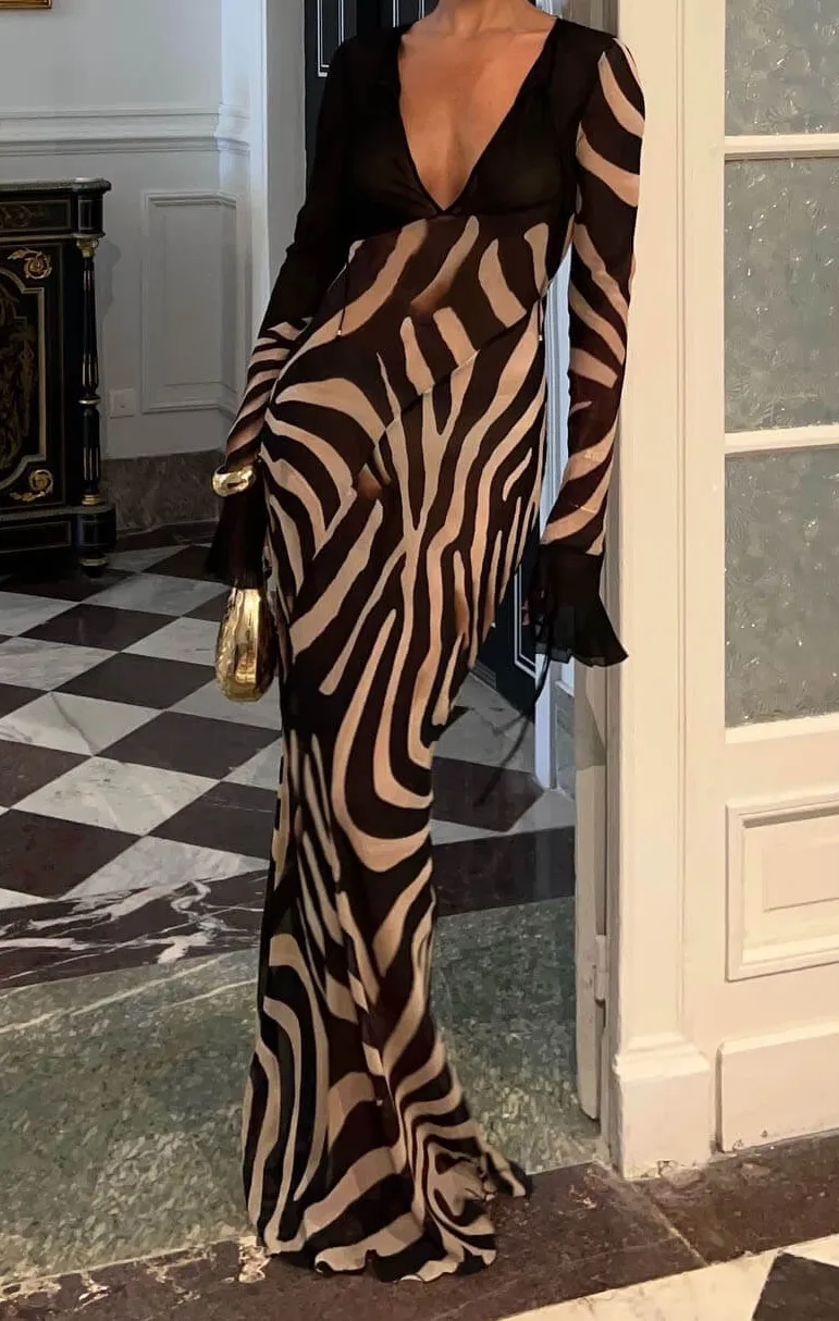 Night Chiffon Animal Print Maxi Dress